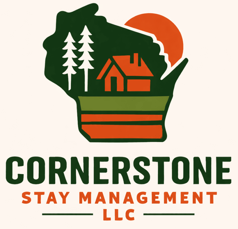 Wisconsin cabin logo with sunset