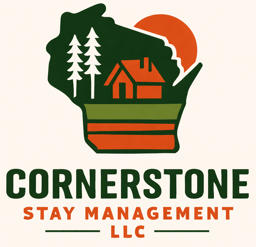 Wisconsin cabin logo with sunset